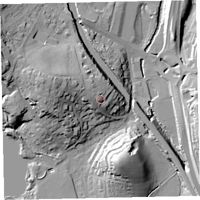 Shaded relief map of the ground around TQ121BZ, computed from Environment Agency LiDAR. The ground here sits at about 19 m above sea level and falls 31 m across the surrounding 800 m. Surface water reaching this point runs off ground lying to the west-north-west, 5.0 m higher.