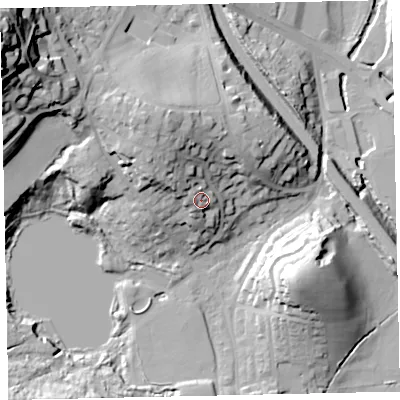 Shaded relief map of the ground around TQ121DF, computed from Environment Agency LiDAR. The ground here sits at about 17 m above sea level and falls 58 m across the surrounding 800 m. Surface water reaching this point runs off ground lying to the west-north-west, 8.2 m higher.