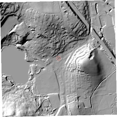 Shaded relief map of the ground around TQ121DP, computed from Environment Agency LiDAR. The ground here sits at about 6 m above sea level and falls 51 m across the surrounding 800 m. Surface water reaching this point runs off ground lying to the north-north-west, 23.3 m higher.