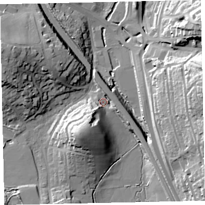 Shaded relief map of the ground around TQ121DW, computed from Environment Agency LiDAR. The ground here sits at about 5 m above sea level and falls 38 m across the surrounding 800 m. Surface water reaching this point runs off ground lying to the south-west, 25.1 m higher.
