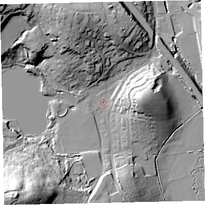 Shaded relief map of the ground around TQ121EB, computed from Environment Agency LiDAR. The ground here sits at about 7 m above sea level and falls 54 m across the surrounding 800 m. Surface water reaching this point runs off ground lying to the south-west, 46.3 m higher.