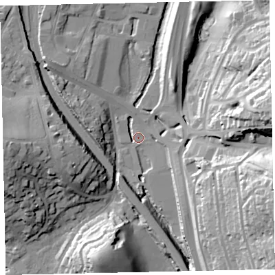 Shaded relief map of the ground around TQ121ET, computed from Environment Agency LiDAR. The ground here sits at about 4 m above sea level and falls 40 m across the surrounding 800 m. Surface water reaching this point runs off ground lying to the west, 26.9 m higher.