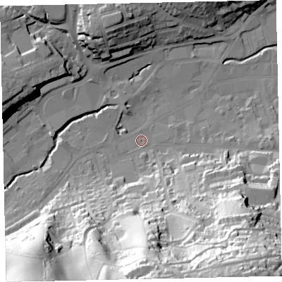 Shaded relief map of the ground around TQ121EX, computed from Environment Agency LiDAR. The ground here sits at about 7 m above sea level and falls 83 m across the surrounding 800 m. Surface water reaching this point runs off ground lying to the south, 55.7 m higher.