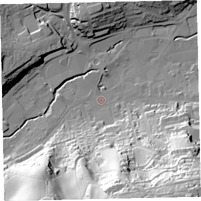 Shaded relief map of the ground around TQ121FT, computed from Environment Agency LiDAR. The ground here sits at about 7 m above sea level and falls 86 m across the surrounding 800 m. Surface water reaching this point runs off ground lying to the south-south-east, 76.9 m higher.