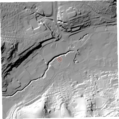 Shaded relief map of the ground around TQ121FY, computed from Environment Agency LiDAR. The ground here sits at about 7 m above sea level and falls 74 m across the surrounding 800 m. Surface water reaching this point runs off ground lying to the south-south-west, 5.3 m higher.