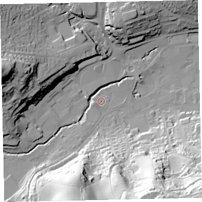 Shaded relief map of the ground around TQ121JF, computed from Environment Agency LiDAR. The ground here sits at about 7 m above sea level and falls 78 m across the surrounding 800 m. Surface water reaching this point runs off ground lying to the south-south-west, 3.3 m higher.
