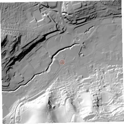 Shaded relief map of the ground around TQ121JG, computed from Environment Agency LiDAR. The ground here sits at about 8 m above sea level and falls 81 m across the surrounding 800 m. Surface water reaching this point runs off ground lying to the south-west, 3.3 m higher.