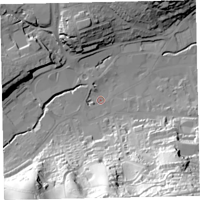 Shaded relief map of the ground around TQ121JJ, computed from Environment Agency LiDAR. The ground here sits at about 6 m above sea level and falls 78 m across the surrounding 800 m. Surface water reaching this point runs off ground lying to the south, 69.1 m higher.