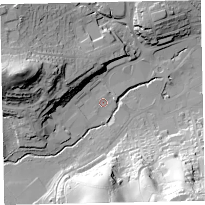 Shaded relief map of the ground around TQ121JP, computed from Environment Agency LiDAR. The ground here sits at about 7 m above sea level and falls 76 m across the surrounding 800 m. Surface water reaching this point runs off ground lying to the south, 52.4 m higher.