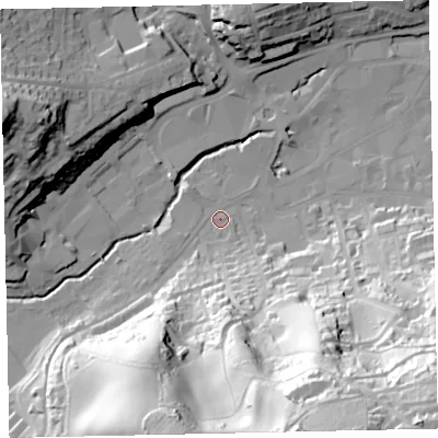 Shaded relief map of the ground around TQ121JQ, computed from Environment Agency LiDAR. The ground here sits at about 8 m above sea level and falls 86 m across the surrounding 800 m. Surface water reaching this point runs off ground lying to the south-south-east, 78.5 m higher.