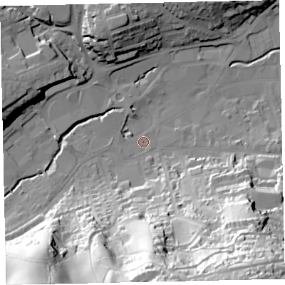 Shaded relief map of the ground around TQ121JR, computed from Environment Agency LiDAR. The ground here sits at about 6 m above sea level and falls 83 m across the surrounding 800 m. Surface water reaching this point runs off ground lying to the south-west, 1.7 m higher.