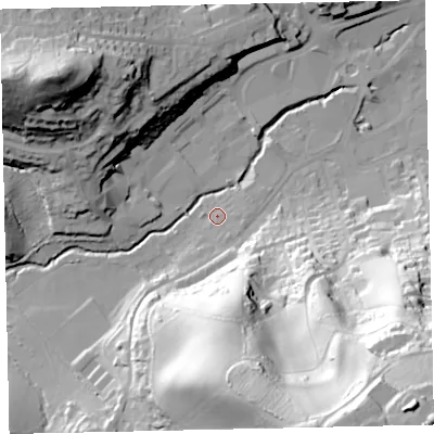 Shaded relief map of the ground around TQ121LH, computed from Environment Agency LiDAR. The ground here sits at about 9 m above sea level and falls 91 m across the surrounding 800 m. Surface water reaching this point runs off ground lying to the south-south-east, 2.7 m higher.
