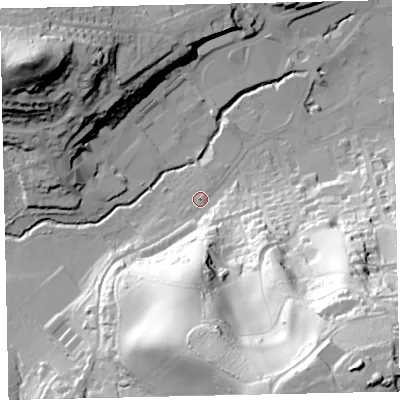 Shaded relief map of the ground around TQ121LJ, computed from Environment Agency LiDAR. The ground here sits at about 10 m above sea level and falls 91 m across the surrounding 800 m. Surface water reaching this point runs off ground lying to the south, 23.7 m higher.