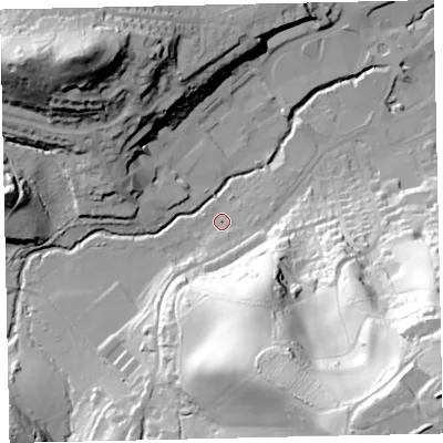 Shaded relief map of the ground around TQ121LL, computed from Environment Agency LiDAR. The ground here sits at about 9 m above sea level and falls 90 m across the surrounding 800 m. Surface water reaching this point runs off ground lying to the south-south-east, 57.1 m higher.