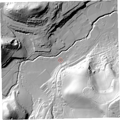 Shaded relief map of the ground around TQ121LP, computed from Environment Agency LiDAR. The ground here sits at about 8 m above sea level and falls 87 m across the surrounding 800 m. Surface water reaching this point runs off ground lying to the south-east, 82.4 m higher.