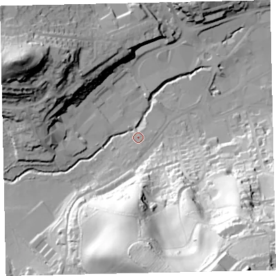 Shaded relief map of the ground around TQ121LQ, computed from Environment Agency LiDAR. The ground here sits at about 9 m above sea level and falls 91 m across the surrounding 800 m. Surface water reaching this point runs off ground lying to the south, 2.3 m higher.