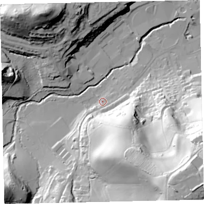 Shaded relief map of the ground around TQ121LW, computed from Environment Agency LiDAR. The ground here sits at about 10 m above sea level and falls 87 m across the surrounding 800 m. Surface water reaching this point runs off ground lying to the south-south-east, 57.6 m higher.