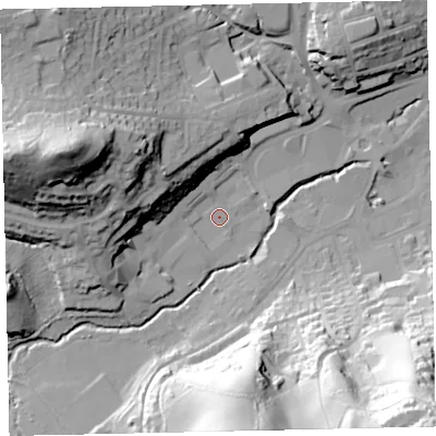 Shaded relief map of the ground around TQ121NB, computed from Environment Agency LiDAR. The ground here sits at about 7 m above sea level and falls 77 m across the surrounding 800 m. Surface water reaching this point runs off ground lying to the south, 53.6 m higher.