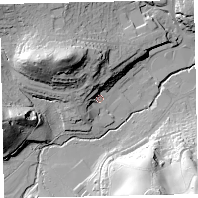 Shaded relief map of the ground around TQ121NF, computed from Environment Agency LiDAR. The ground here sits at about 10 m above sea level and falls 63 m across the surrounding 800 m. Surface water reaching this point runs off ground lying to the north-north-west, 18.1 m higher.