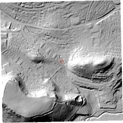 Shaded relief map of the ground around TQ121PL, computed from Environment Agency LiDAR. The ground here sits at about 26 m above sea level and falls 70 m across the surrounding 800 m. Surface water reaching this point runs off ground lying to the north, 33.3 m higher.