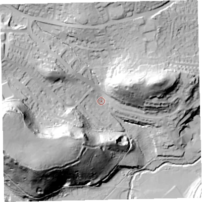 Shaded relief map of the ground around TQ121PP, computed from Environment Agency LiDAR. The ground here sits at about 23 m above sea level and falls 70 m across the surrounding 800 m. Surface water reaching this point runs off ground lying to the west, 53.7 m higher.
