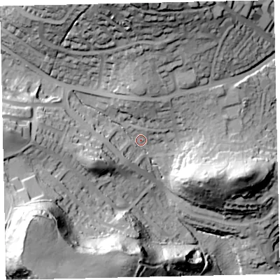 Shaded relief map of the ground around TQ121SN, computed from Environment Agency LiDAR. The ground here sits at about 28 m above sea level and falls 66 m across the surrounding 800 m. Surface water reaching this point runs off ground lying to the north, 46.3 m higher.