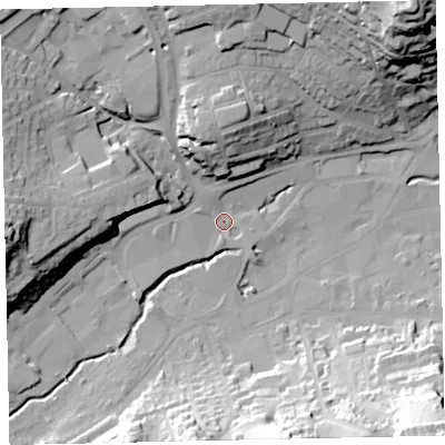 Shaded relief map of the ground around TQ121TG, computed from Environment Agency LiDAR. The ground here sits at about 7 m above sea level and falls 51 m across the surrounding 800 m. Surface water reaching this point runs off ground lying to the west, 24.2 m higher.