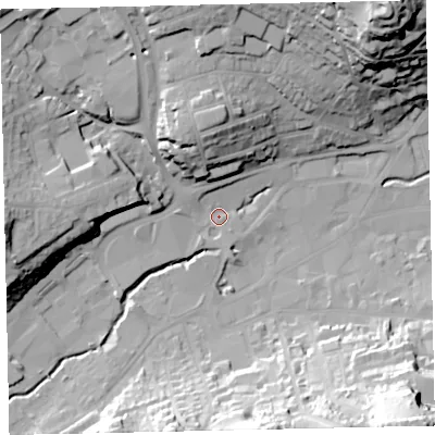 Shaded relief map of the ground around TQ121TQ, computed from Environment Agency LiDAR. The ground here sits at about 6 m above sea level and falls 51 m across the surrounding 800 m. Surface water reaching this point runs off ground lying to the north, 24.6 m higher.