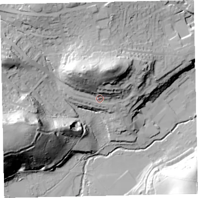 Shaded relief map of the ground around TQ121YU, computed from Environment Agency LiDAR. The ground here sits at about 26 m above sea level and falls 62 m across the surrounding 800 m. Surface water reaching this point runs off ground lying to the north, 31.5 m higher.