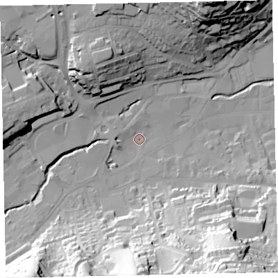 Shaded relief map of the ground around TQ122AA, computed from Environment Agency LiDAR. The ground here sits at about 5 m above sea level and falls 63 m across the surrounding 800 m. Surface water reaching this point runs off ground lying to the west, 3.4 m higher.