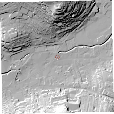 Shaded relief map of the ground around TQ122AD, computed from Environment Agency LiDAR. The ground here sits at about 5 m above sea level and falls 53 m across the surrounding 800 m. Surface water reaching this point runs off ground lying to the north-north-west, 0.9 m higher.