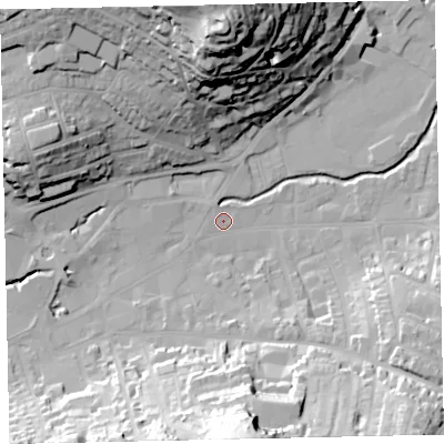 Shaded relief map of the ground around TQ122AG, computed from Environment Agency LiDAR. The ground here sits at about 5 m above sea level and falls 53 m across the surrounding 800 m. Surface water reaching this point runs off ground lying to the north-west, 1.2 m higher.