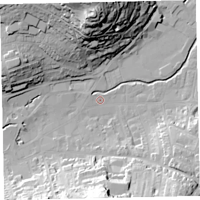 Shaded relief map of the ground around TQ122AH, computed from Environment Agency LiDAR. The ground here sits at about 4 m above sea level and falls 53 m across the surrounding 800 m. Surface water reaching this point runs off ground lying to the west-north-west, 1.4 m higher.