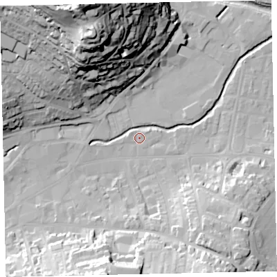 Shaded relief map of the ground around TQ122AN, computed from Environment Agency LiDAR. The ground here sits at about 4 m above sea level and falls 63 m across the surrounding 800 m. Surface water reaching this point runs off ground lying to the south-south-west, 29.5 m higher.