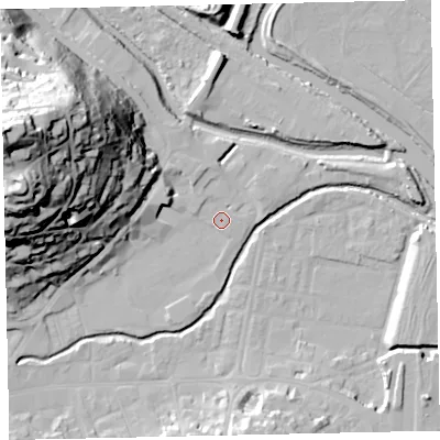 Shaded relief map of the ground around TQ122AP, computed from Environment Agency LiDAR. The ground here sits at about 3 m above sea level and falls 63 m across the surrounding 800 m. Surface water reaching this point runs off ground lying to the west-north-west, 61.1 m higher.