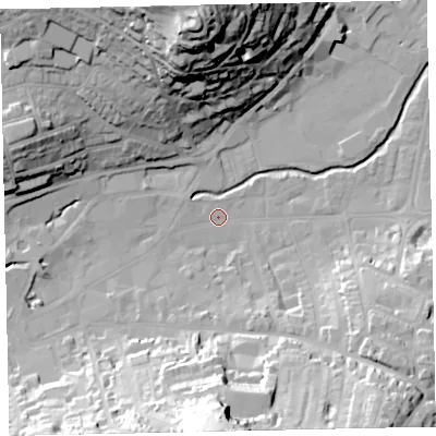 Shaded relief map of the ground around TQ122AQ, computed from Environment Agency LiDAR. The ground here sits at about 4 m above sea level and falls 53 m across the surrounding 800 m. Surface water reaching this point runs off ground lying to the west-north-west, 1.5 m higher.