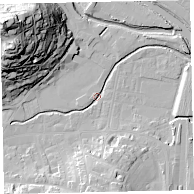 Shaded relief map of the ground around TQ122AR, computed from Environment Agency LiDAR. The ground here sits at about 3 m above sea level and falls 64 m across the surrounding 800 m. Surface water reaching this point runs off ground lying to the south, 19.6 m higher.