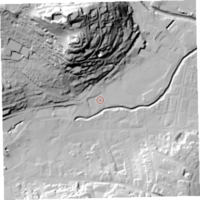 Shaded relief map of the ground around TQ122AS, computed from Environment Agency LiDAR. The ground here sits at about 4 m above sea level and falls 64 m across the surrounding 800 m. Surface water reaching this point runs off ground lying to the north-north-west, 61.1 m higher.