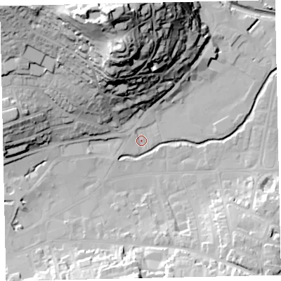 Shaded relief map of the ground around TQ122AT, computed from Environment Agency LiDAR. The ground here sits at about 4 m above sea level and falls 64 m across the surrounding 800 m. Surface water reaching this point runs off ground lying to the west, 3.1 m higher.