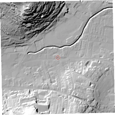 Shaded relief map of the ground around TQ122AU, computed from Environment Agency LiDAR. The ground here sits at about 4 m above sea level and falls 53 m across the surrounding 800 m. Surface water reaching this point runs off ground lying to the south-south-east, 15.3 m higher.
