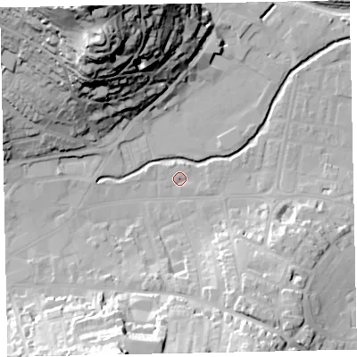 Shaded relief map of the ground around TQ122AW, computed from Environment Agency LiDAR. The ground here sits at about 4 m above sea level and falls 60 m across the surrounding 800 m. Surface water reaching this point runs off ground lying to the south-south-west, 35.2 m higher.