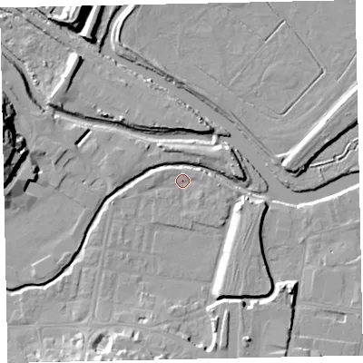 Shaded relief map of the ground around TQ122AX, computed from Environment Agency LiDAR. The ground here sits at about 3 m above sea level and falls 20 m across the surrounding 800 m. Surface water reaching this point runs off ground lying to the east, 1.8 m higher.