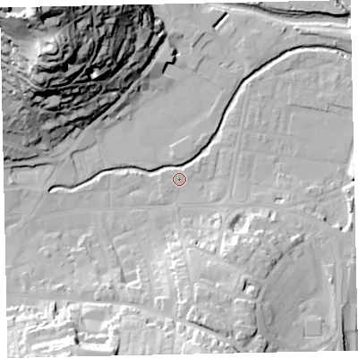 Shaded relief map of the ground around TQ122BA, computed from Environment Agency LiDAR. The ground here sits at about 4 m above sea level and falls 64 m across the surrounding 800 m. Surface water reaching this point runs off ground lying to the south-south-east, 18.0 m higher.
