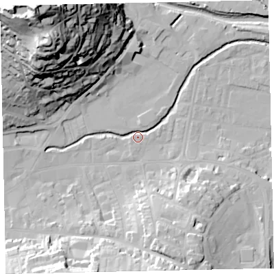 Shaded relief map of the ground around TQ122BB, computed from Environment Agency LiDAR. The ground here sits at about 4 m above sea level and falls 64 m across the surrounding 800 m. Surface water reaching this point runs off ground lying to the south-south-west, 28.2 m higher.