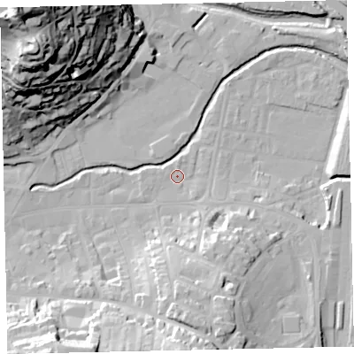 Shaded relief map of the ground around TQ122BD, computed from Environment Agency LiDAR. The ground here sits at about 3 m above sea level and falls 64 m across the surrounding 800 m. Surface water reaching this point runs off ground lying to the south, 18.2 m higher.