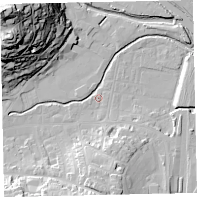 Shaded relief map of the ground around TQ122BE, computed from Environment Agency LiDAR. The ground here sits at about 3 m above sea level and falls 64 m across the surrounding 800 m. Surface water reaching this point runs off ground lying to the south, 18.5 m higher.