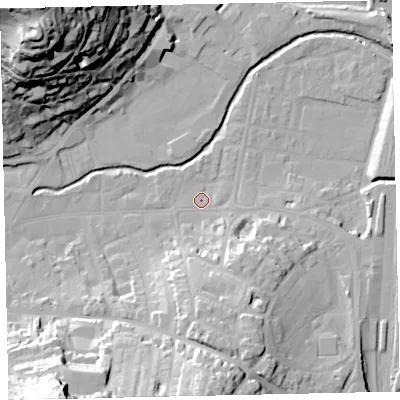 Shaded relief map of the ground around TQ122BG, computed from Environment Agency LiDAR. The ground here sits at about 4 m above sea level and falls 55 m across the surrounding 800 m. Surface water reaching this point runs off ground lying to the south-south-east, 13.6 m higher.