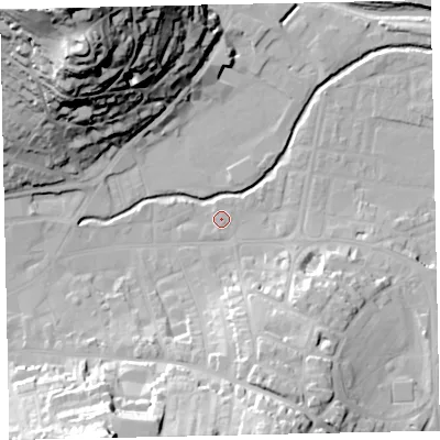 Shaded relief map of the ground around TQ122BH, computed from Environment Agency LiDAR. The ground here sits at about 4 m above sea level and falls 59 m across the surrounding 800 m. Surface water reaching this point runs off ground lying to the south-south-west, 1.0 m higher.