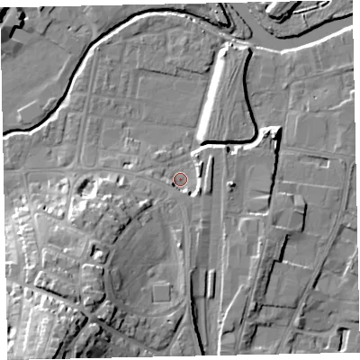 Shaded relief map of the ground around TQ122BJ, computed from Environment Agency LiDAR. The ground here sits at about 4 m above sea level and falls 36 m across the surrounding 800 m. Surface water reaching this point runs off ground lying to the south, 5.1 m higher.