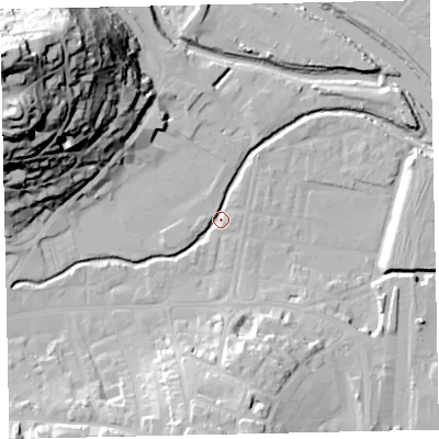 Shaded relief map of the ground around TQ122BL, computed from Environment Agency LiDAR. The ground here sits at about 2 m above sea level and falls 62 m across the surrounding 800 m. Surface water reaching this point runs off ground lying to the south, 19.0 m higher.